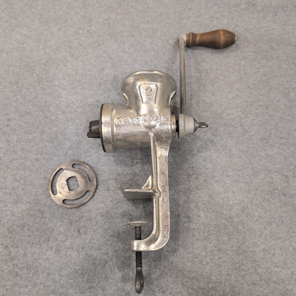 Keystone No 2 Manual Meat Grinder Vintage Silver Cast Metal Hand Crank Clamp On